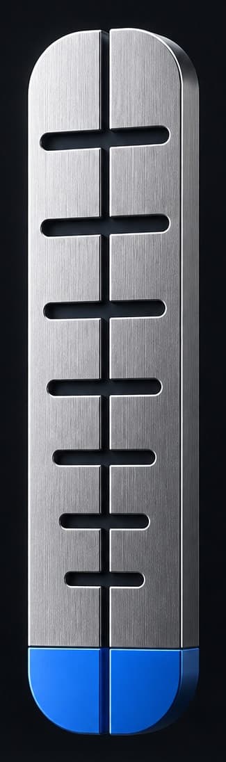 A brushed-steel tally stick with six notches cut into it and a blue foot.